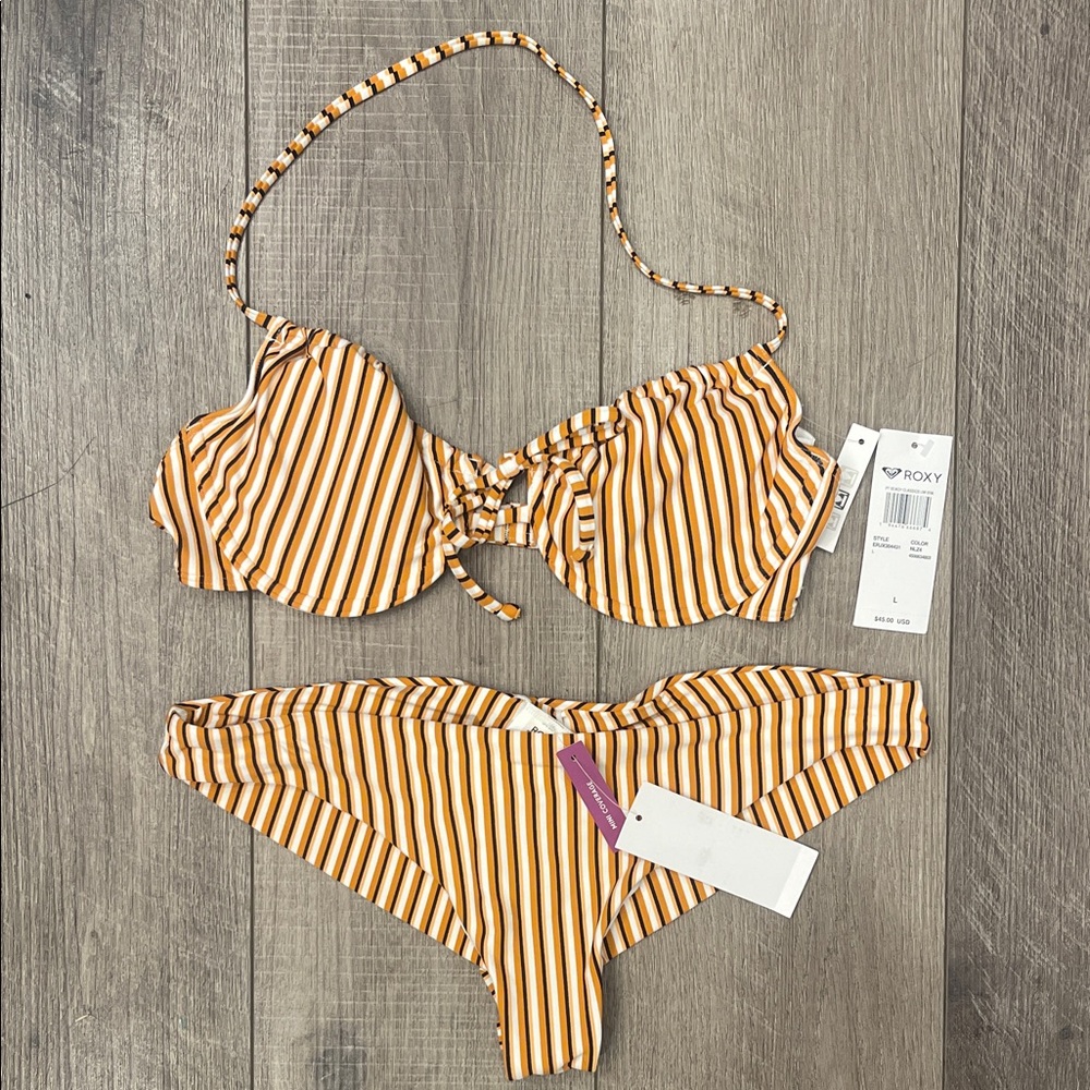 Roxy Striped Tie-Front Bikini in Mustard, White & Brown Size Large